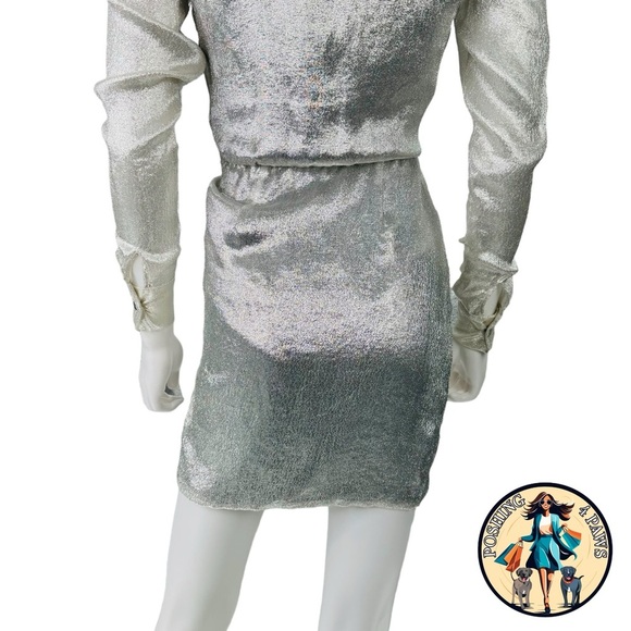 Redemption for FWRD Long Sleeve Metallic Deep V Party Dress in Silver Size XS - Picture 10 of 16